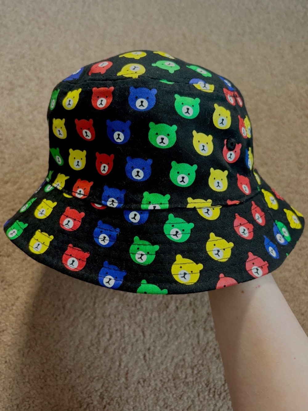 Teddy Fresh Reversible Bucket Hat Primary Colors Bear Print Embroidery Black OS